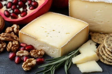A gourmet cheese platter pairs luxury cheeses with crisp crackers. Cheese assortment with nuts, crackers, and pomegranate on a dark background.