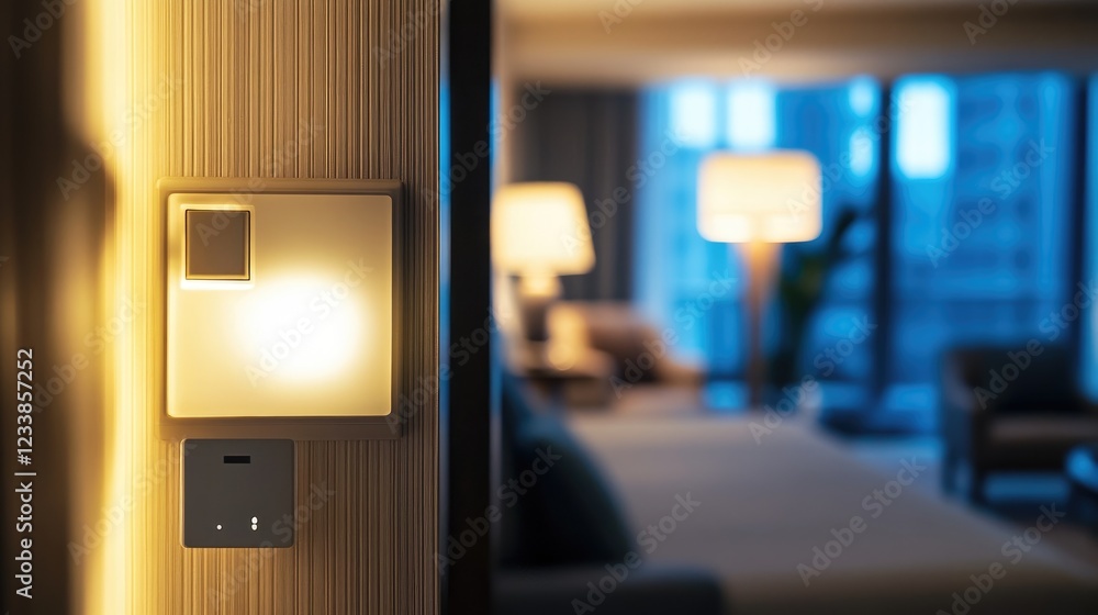 Aufkleber Motion sensor night light switch panel in hotel room interior with soft illuminating glow and empty space for custom text or branding