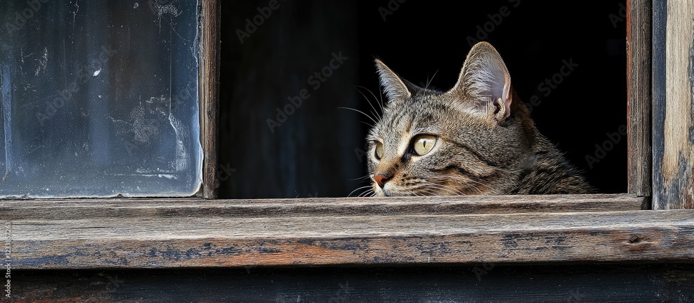 Poster cat looking contemplatively through a window with space for text in rustic setting domestic feline p