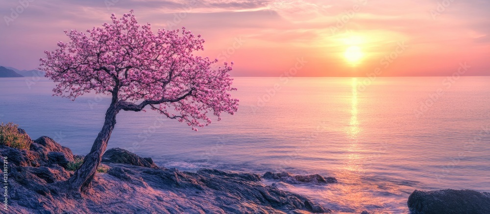 Aufkleber serene isolated tree by ocean shore adorned with sorkhura blossoms at sunset capturing a tranquil la