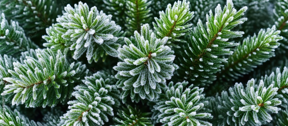 Aufkleber frosted green pine tree branches covered in snow in a beautiful winter nature scene close up of pine