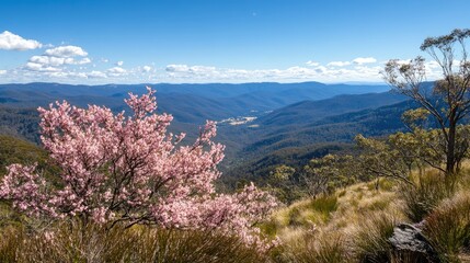 Wild Peach Trees Blossom in Blue Mountains Scenic View at High Altitude with Lush Green Hills and Clear Blue Sky