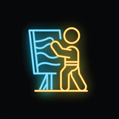 Neon sign of an artist painting abstract wavy lines on a canvas, representing creativity, art, and inspiration
