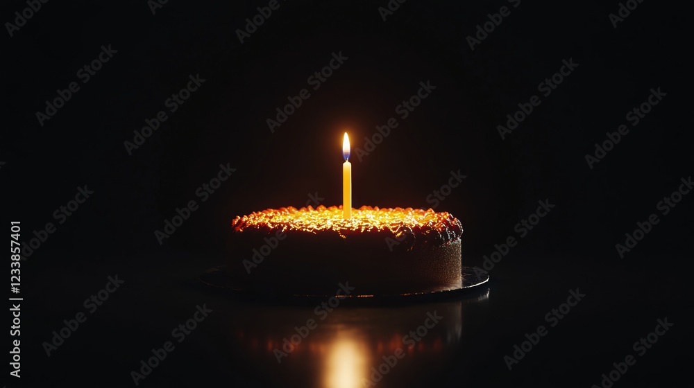 Aufkleber cake with single candle glowing in dark background creating a warm and intimate atmosphere