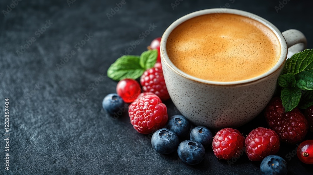 Aufkleber espresso cup with steam surrounded by fresh berries and mint leaves on a dark stone background with 