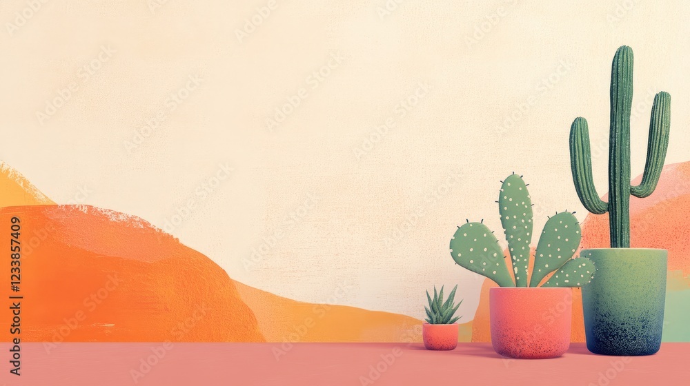 Aufkleber colorful cacti in modern pots displayed on a neutral backdrop with artistic brush strokes perfect fo