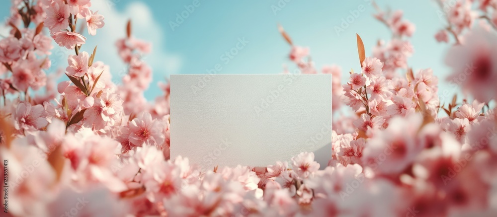 Poster Blank card mockup in serene cherry blossom setting with natural light perfect for adding personalized text or messages in a tranquil backdrop