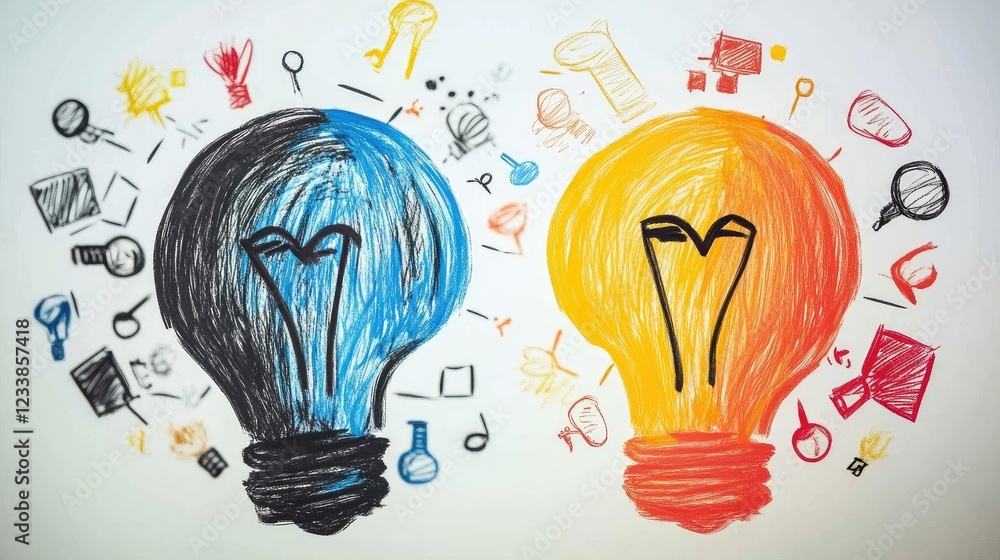 Poster diverse business concepts represented by colorful light bulbs signifying innovation and collaboratio
