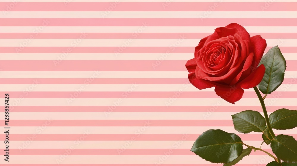 Poster elegant red rose against a soft pink striped backdrop with ample space for personalized text or bran