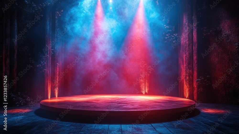 Aufkleber empty stage illuminated by dramatic spotlights in a dark setting with room for text, ideal for annou