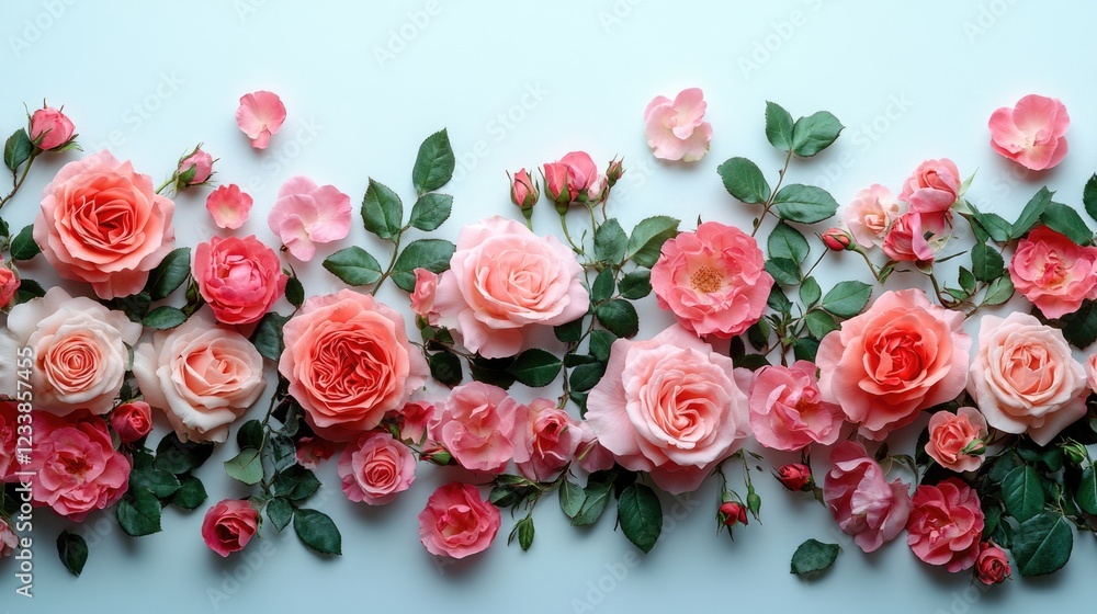Poster Elegant arrangement of pink roses on a soft white background creating a serene atmosphere with ample space for overlay text.