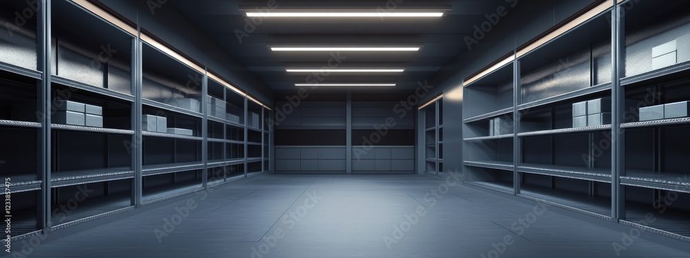 Poster warehouse interior featuring shelving units and racking systems with ample empty space for text plac