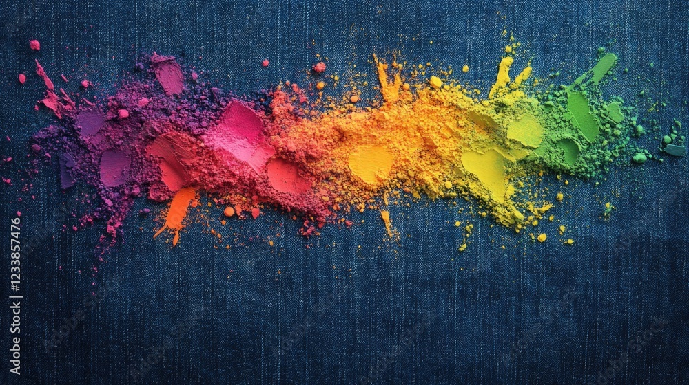Aufkleber colorful powder explosion on denim background with ample copy space for text display
