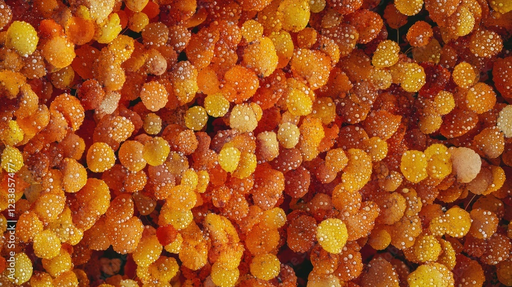 Poster Top view of vibrant autumn leaves covered in dew drops showcasing warm colors with ample space for text or graphic overlay