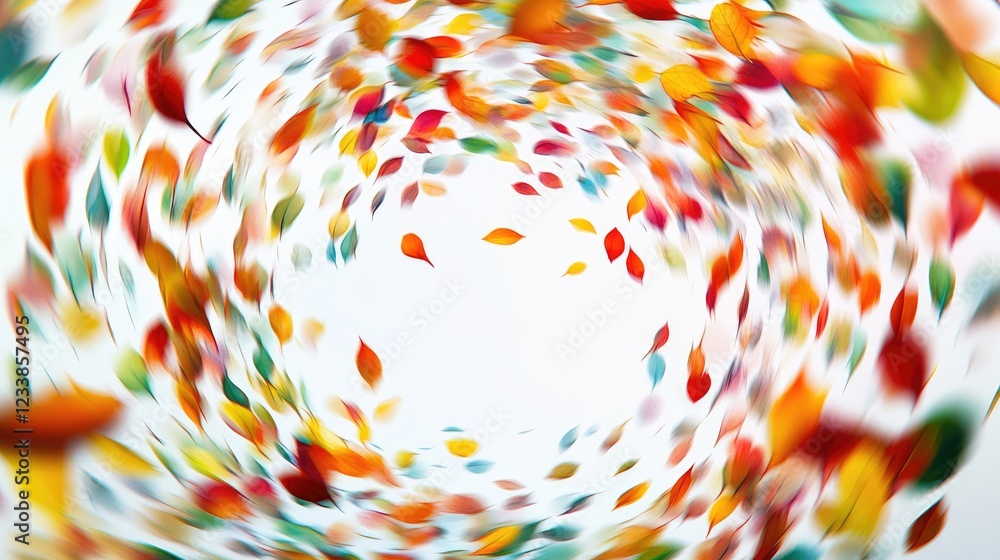 Poster colorful swirling leaves creating a dynamic motion effect on a clean white background
