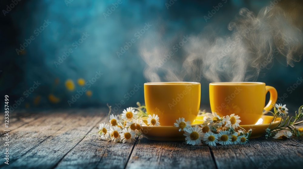 Poster steaming chamomile lemon ginger tea in yellow cups with daisies on rustic wooden table background