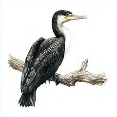 Fototapeta premium Illustration of the Cormorant sitting on the branch, soft watercolor tones, white background, detailed illustration, cartoonish.