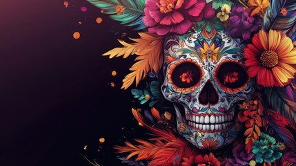 Colorful Day of the Dead skull artwork featuring detailed floral and feather motifs with ample empty space for text placement