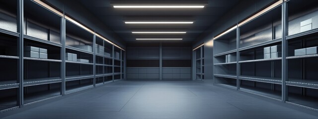 Warehouse interior featuring shelving units and racking systems with ample empty space for text placement in a clean, industrial setting