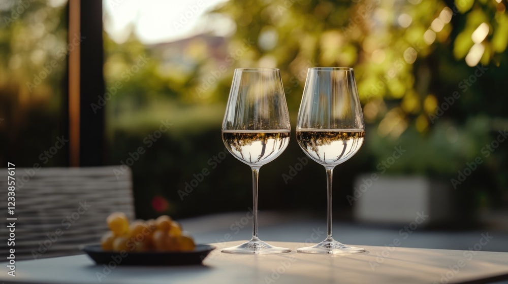 Poster wine glasses on table at outdoor wine tasting event surrounded by nature with empty space for text s