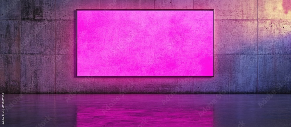 Poster retro magenta neon light on concrete wall in spacious empty room with reflections and ample copy spa