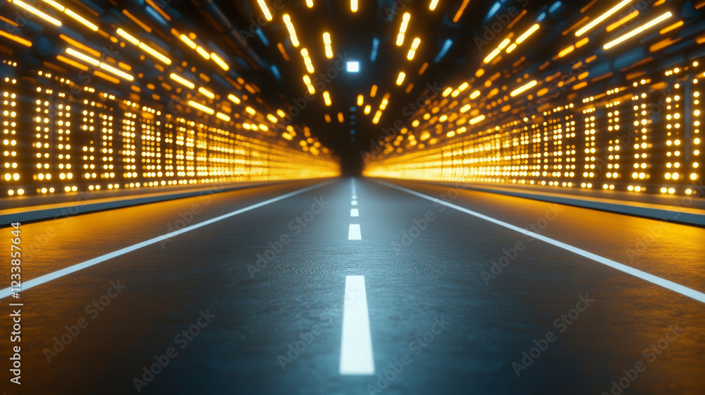 Poster night shot of empty road with smooth surface, illuminated by bright lights creating dynamic and vibr