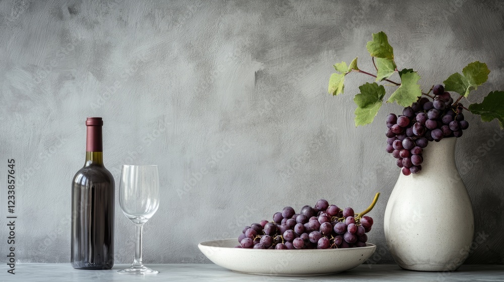 Poster elegant wine still life with grapes and empty bottle featuring glass and copy space for text on a su