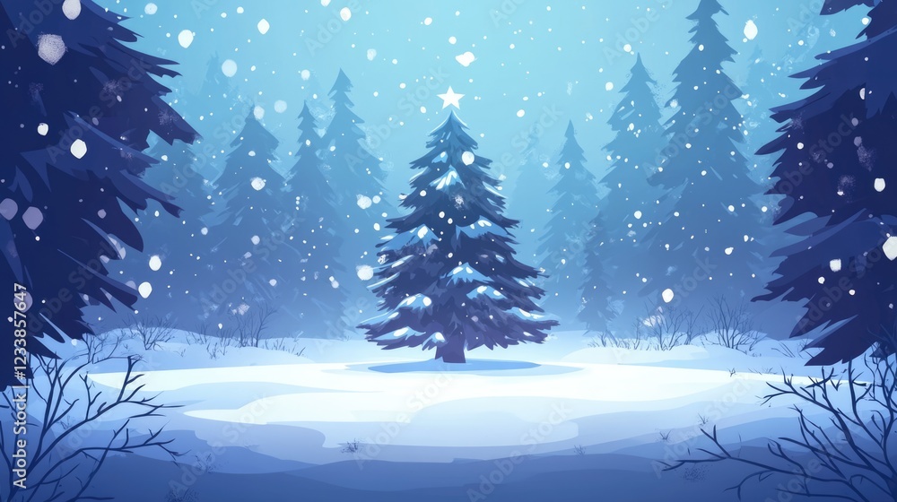 Poster serene winter forest scene featuring a snowy christmas tree surrounded by tall coniferous trees with