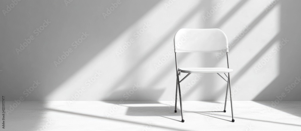 Poster white folding chair creating shadows on blank canvas backdrop ideal for design mockup with ample emp