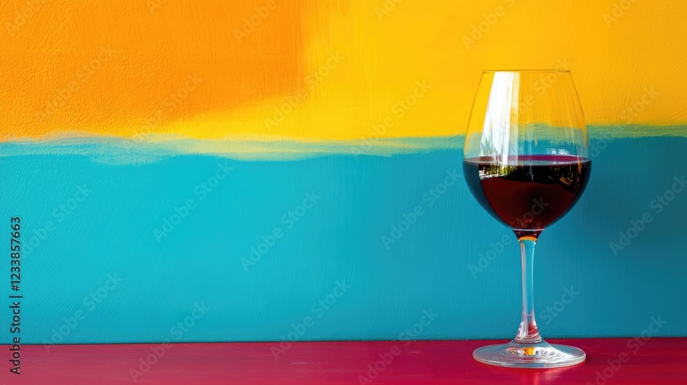 Poster elegant wine glass on a vibrant festival table with colorful background and ample empty space for cu