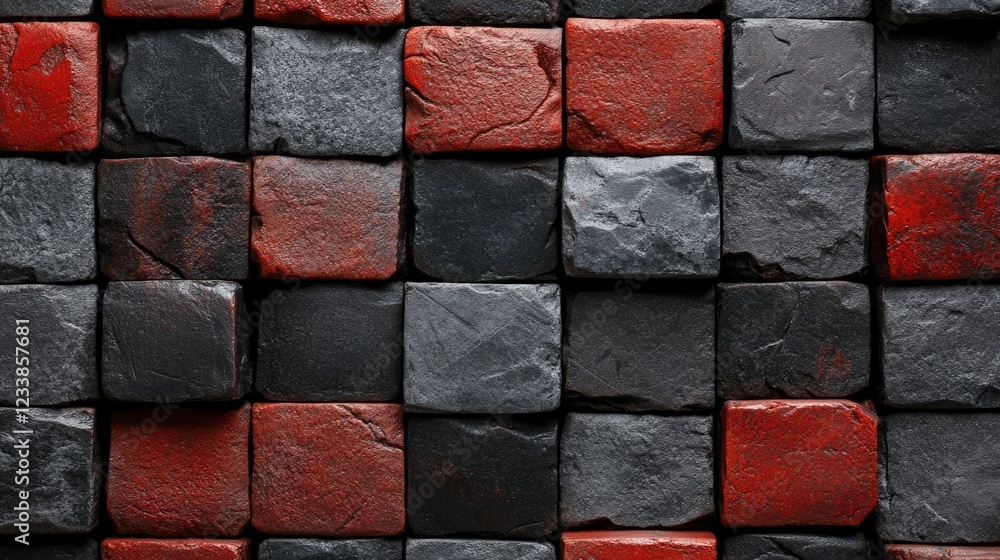 Poster antique red brick and anthracite cube texture from a top view with ample blank space for customizabl
