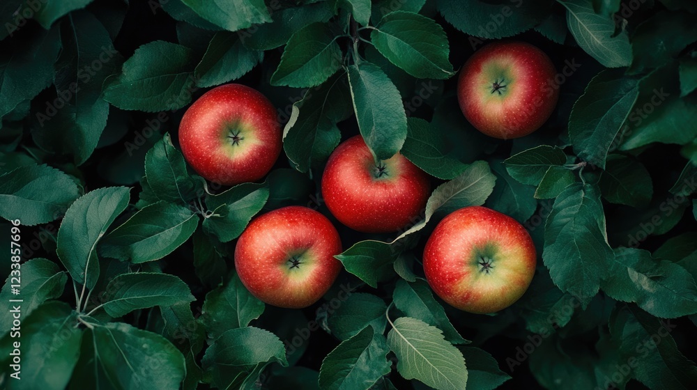 Poster top view of fresh ripe red apples nestled among green leaves with ample empty space for text or prom