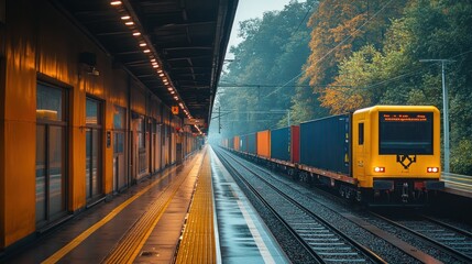 Naklejka premium Freight Train at a Modern Railway Station on a Rainy Day