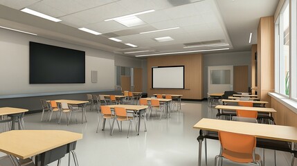 Classroom with wooden desks and chairs facing a black screen and a white screen
