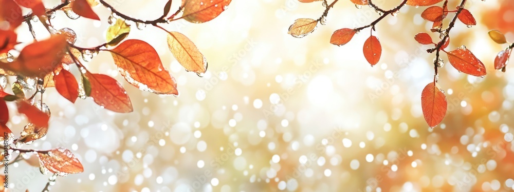 Poster water droplets on autumn branches illuminated by soft light in a forest setting with blank space for