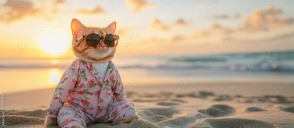 Aufkleber cat in pajamas and sunglasses enjoying a tranquil dawn on the beach with empty space for text or mes