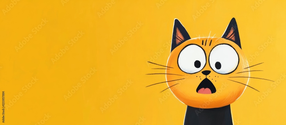 Poster surprised cat mascot with pouting face against a bright yellow background and empty copy space for t