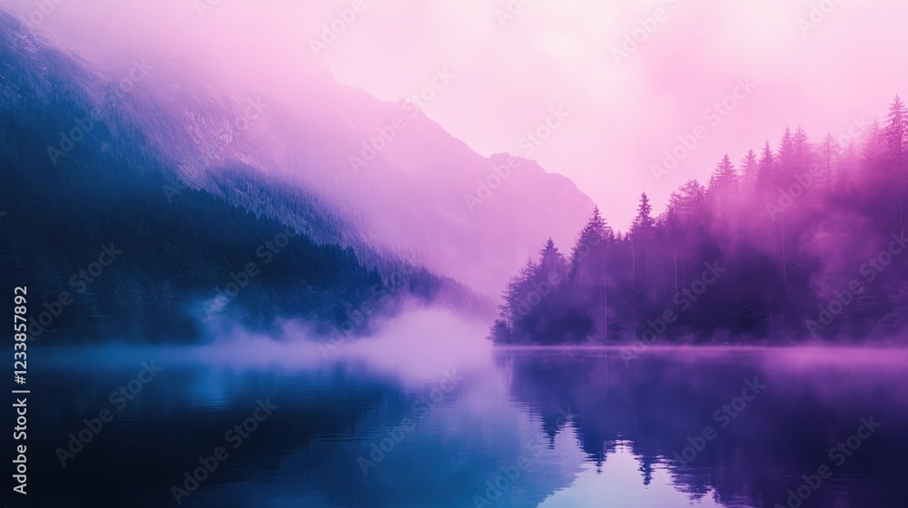 Poster serene natural landscape computer monitor background with misty pink purple cyan gradient and dark t