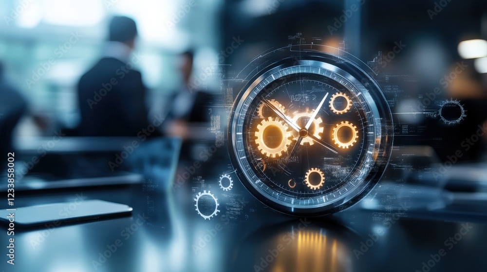 Poster innovative clock design with gears and futuristic background