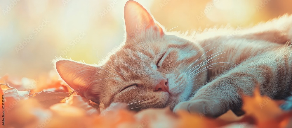 Poster cat resting serenely on vibrant autumn leaves with soft sunlight and ample space for text overlay in