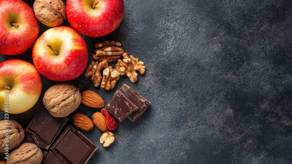 Poster healthy snack composition with apples nuts chocolate and empty space for text in top view layout on 