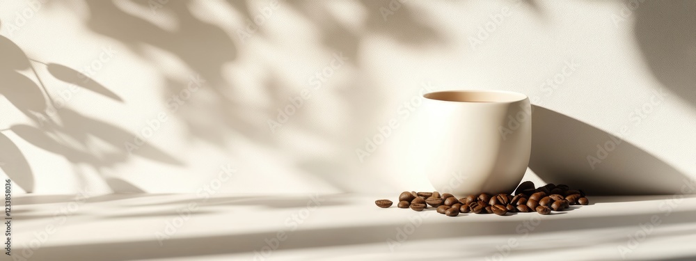 Poster stylish white cup on a minimalist background with coffee beans and shadows creating an elegant space