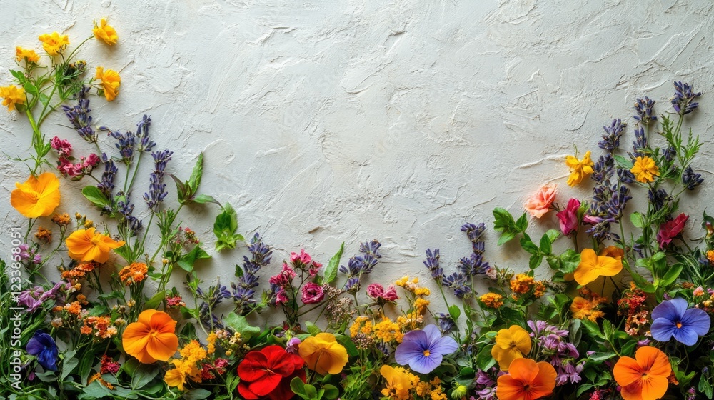 Fototapete vibrant floral arrangement on textured surface creating a colorful frame with ample copyspace for cr