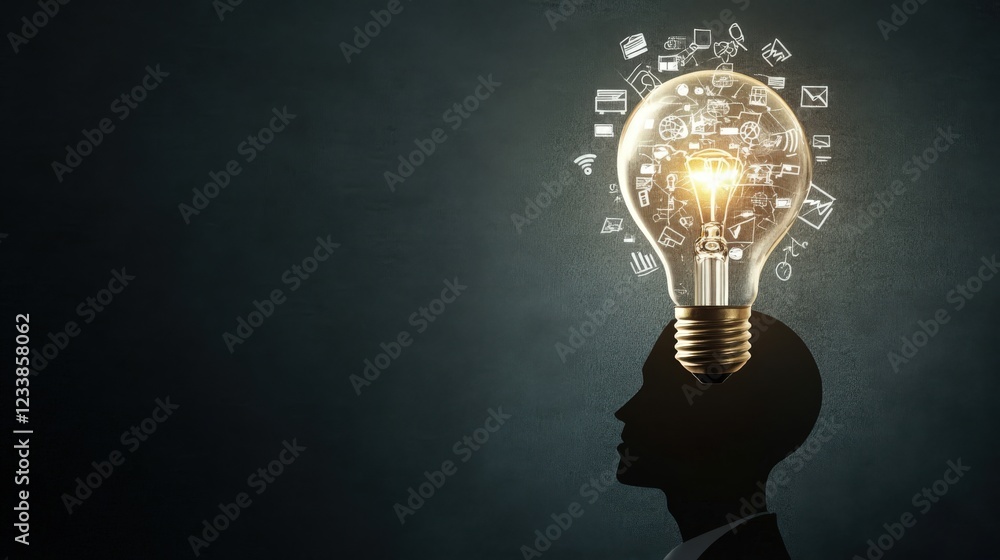 Poster creative thinking with light bulb and ideas in the background
