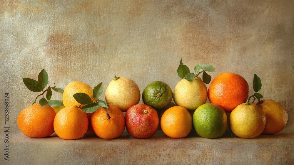Poster vibrant assortment of citrus fruits arranged elegantly on a rustic textured background showcasing fr