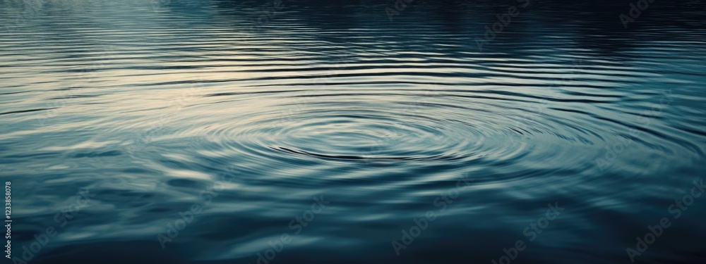 Poster water droplet causing circular ripples on serene lake surface with ample negative space for text or 