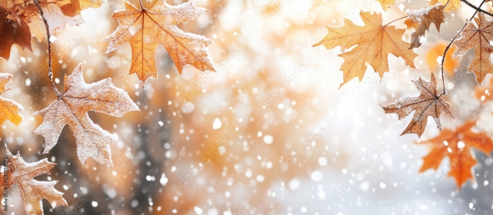 Aufkleber elegant winter scene with wet leaves covered in snow creating a serene atmosphere and ample empty sp