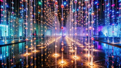 Obraz premium Immersive art installation with twinkling lights and reflections in water features ,creative display