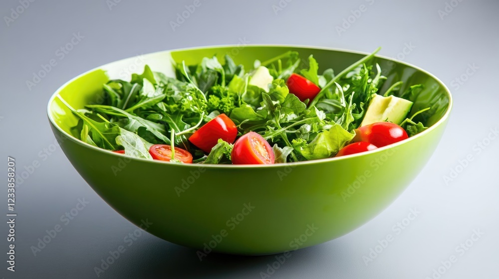 Aufkleber colorful salad bowl with fresh greens arugula spinach kale and grape tomatoes on a gray background f