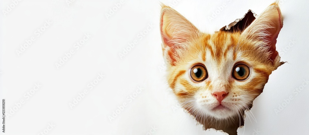 Poster cat face emerging from torn paper with blank space for text on yellow background banner
